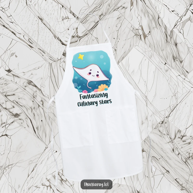 Funny Apron featuring a curious manta ray looking up at a bright, twinkling star in the ocean, a whimsical kitchen accessory.