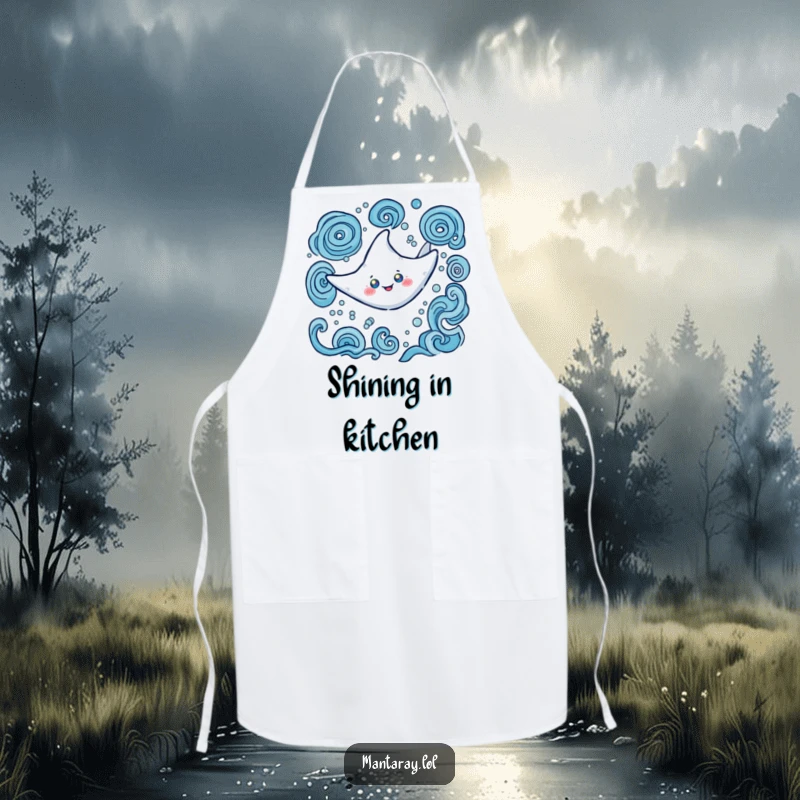 Funny Apron featuring a happy manta ray with bright, glowing eyes, swimming through swirling water patterns, a cheerful cooking companion.