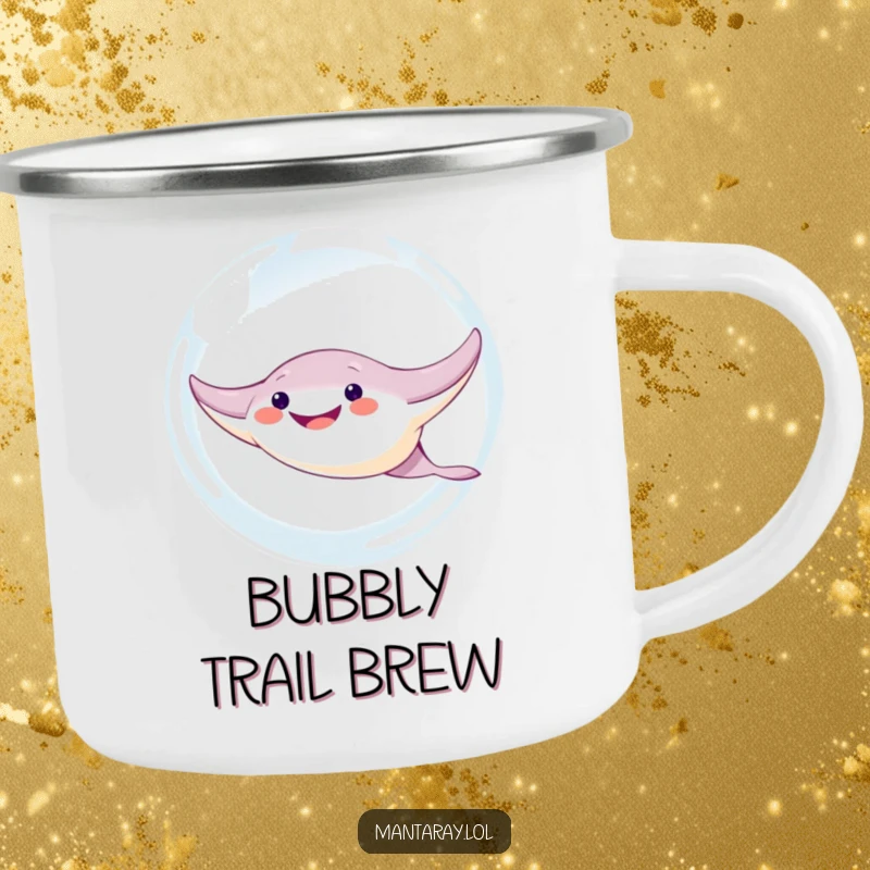 Funny Manta Ray Camping Mug: A cute, grinning manta ray character humorously navigates a giant bubble, ideal for outdoor adventures.