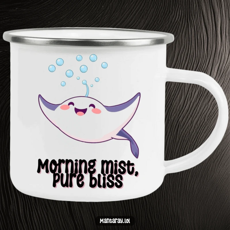 Funny Camping Mug of a joyful manta ray blowing a stream of bubbles upwards, perfect for adventurers who love to spread cheer.