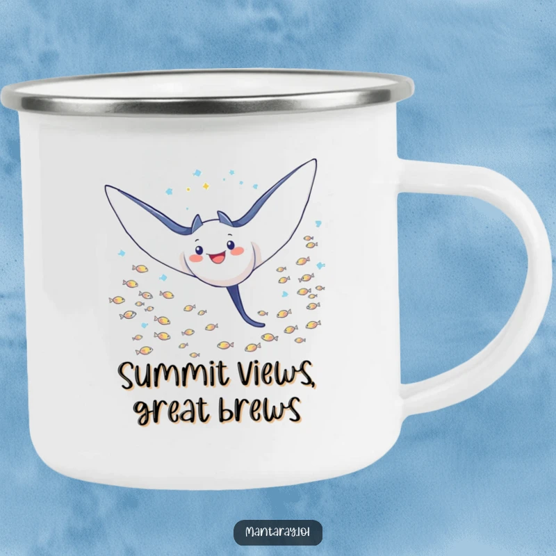 Funny Camping Mug of a triumphant manta ray with outstretched wings, soaring through a school of tiny fish, for outdoor champions.
