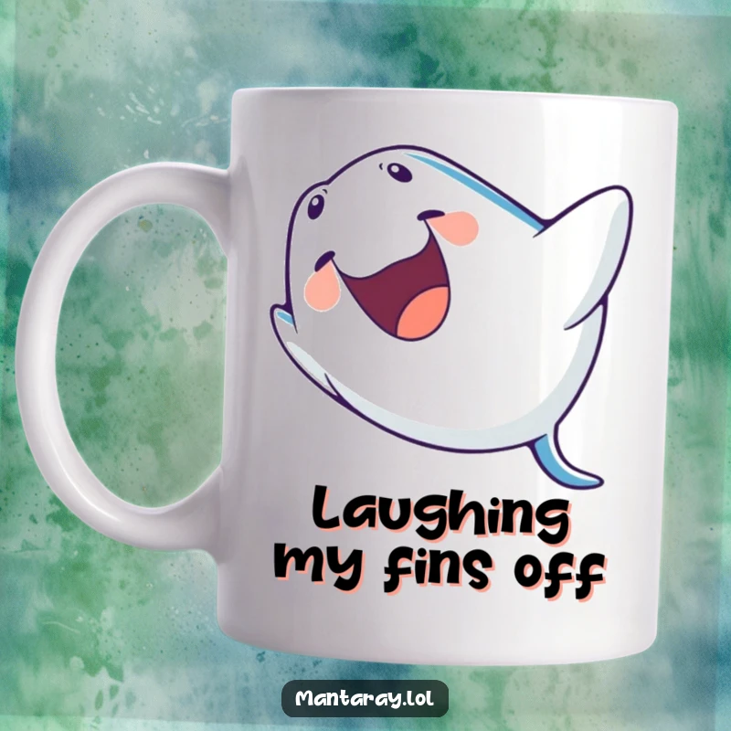 Funny Mug showing a playful manta ray laughing heartily with its mouth open, performing a dynamic barrel roll in the water.