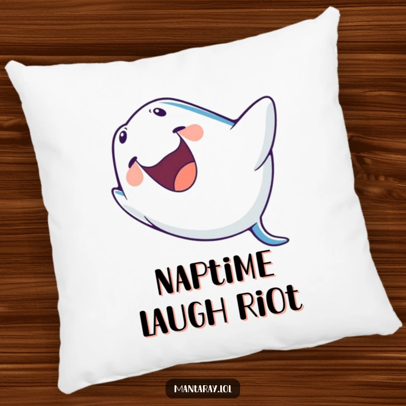 Funny Pillow featuring a plush manta ray with its mouth wide open in laughter, caught mid-barrel roll, bringing cozy fun.