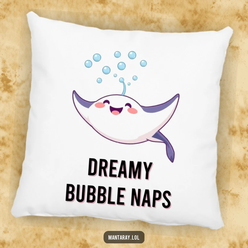 Funny Pillow featuring a plush, joyful manta ray blowing a stream of bubbles upwards, bringing cozy happiness and playfulness.