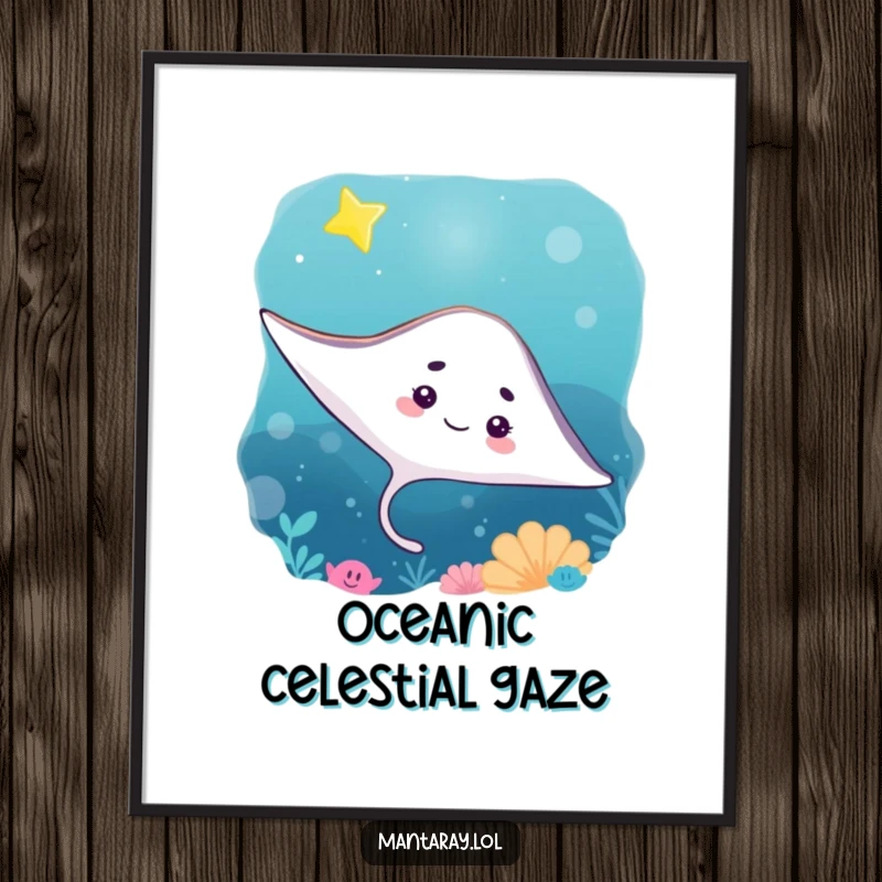 Funny Digital Art Print of a curious manta ray gazing at a bright, twinkling star in the ocean depths, printable wonder.