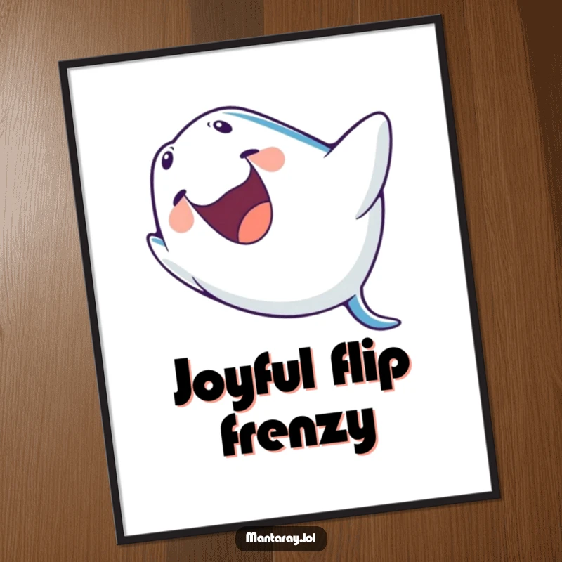 Funny Digital Art Print of a manta ray laughing with its mouth wide open, performing an energetic barrel roll, printable ocean fun.