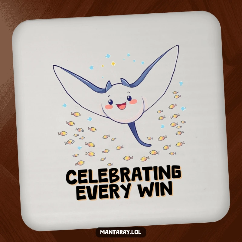 Funny Coaster featuring a triumphant manta ray with wings spread wide, soaring through a school of tiny fish, a stylish protector.