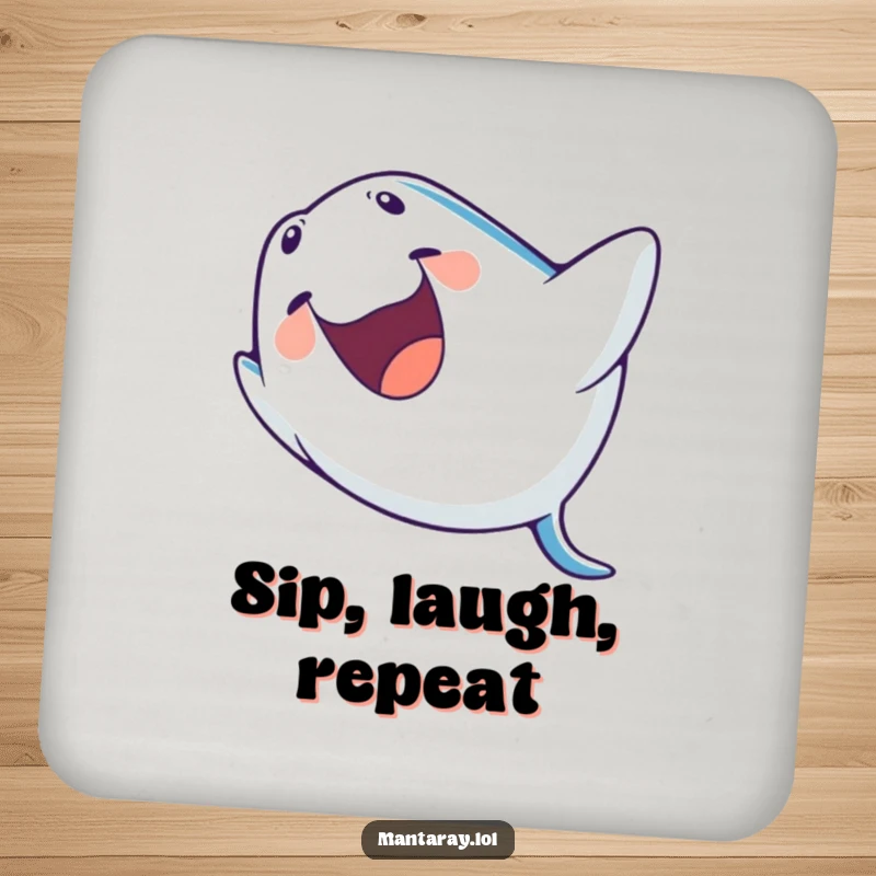 Funny Coaster showcasing a manta ray laughing with its mouth open during a barrel roll, adding a humorous touch to any surface.