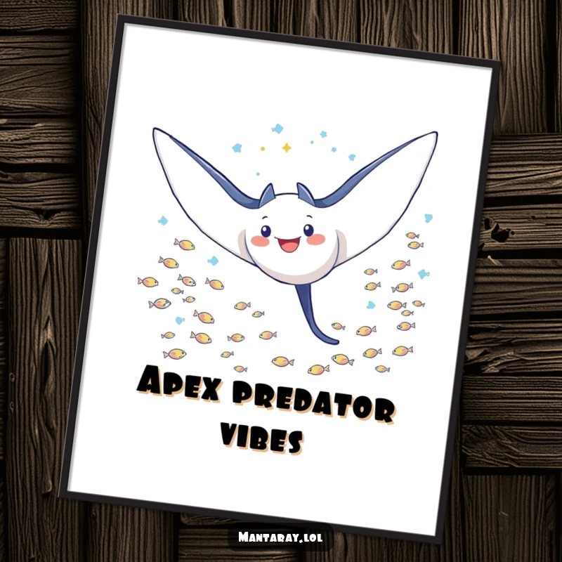 Funny Poster of a triumphant manta ray with wide-open wings, soaring powerfully amidst a dense school of tiny fish, a symbol of mastery.