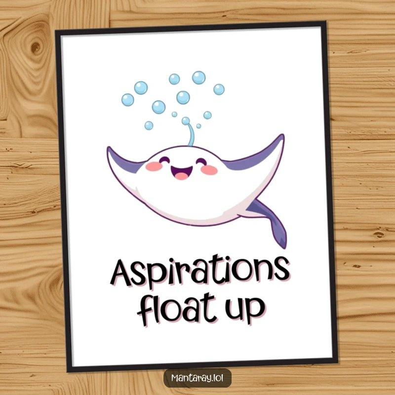 Funny Poster of a joyful manta ray blowing a stream of shimmering bubbles upwards towards the water's surface, creating a playful scene.