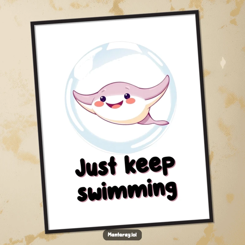 Funny Manta Ray Poster: A cute, grinning manta ray character humorously swims through a large, transparent bubble in this vibrant underwater artwork.