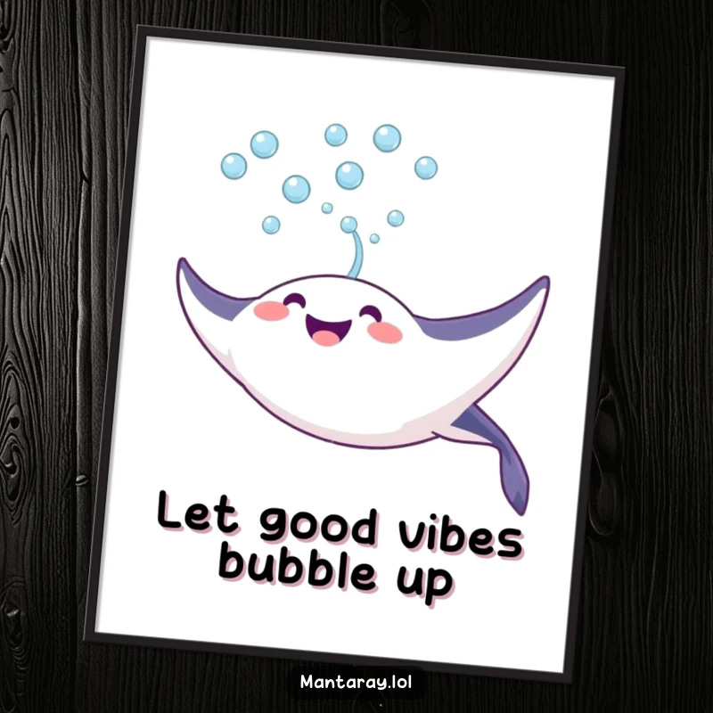 Funny free printable wall art: A joyful manta ray blows a continuous stream of bubbles upwards towards the water's surface.