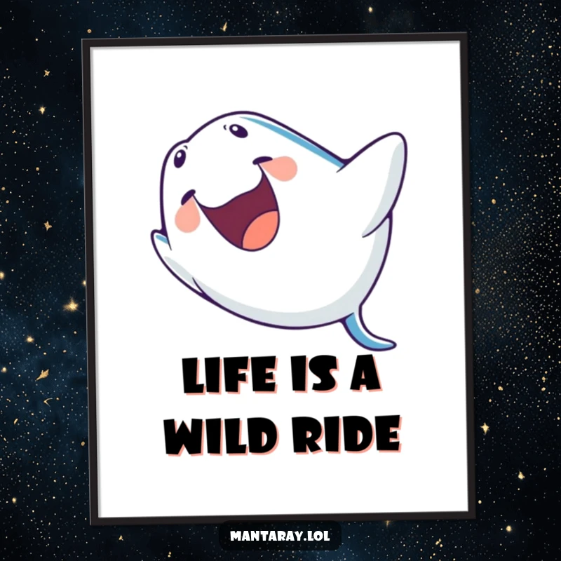 Funny free printable wall art: A playful manta ray with its mouth open wide laughs while doing a barrel roll.