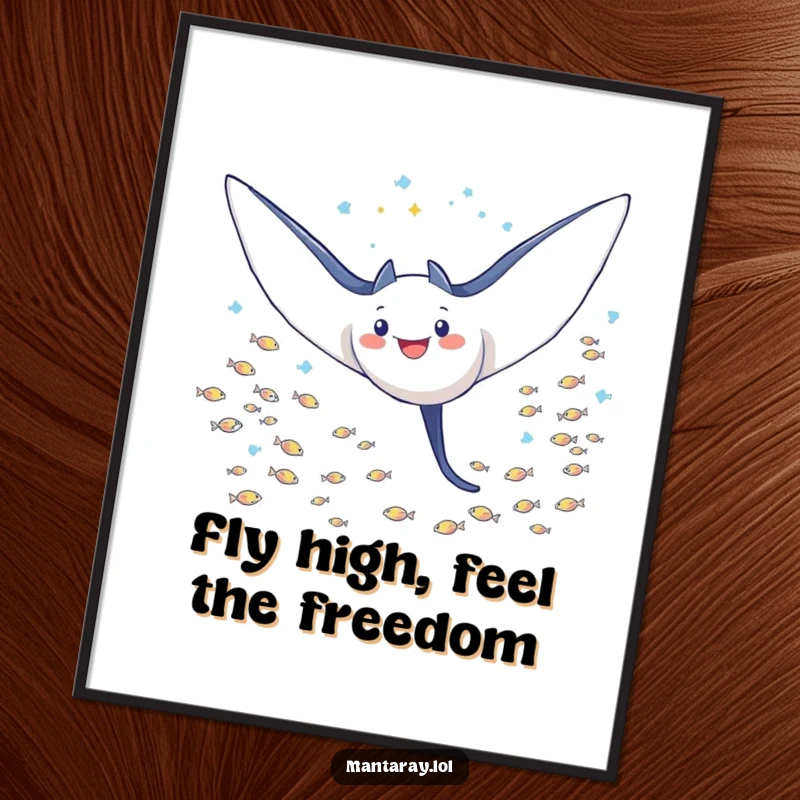 Funny free printable wall art: A triumphant manta ray with wings outstretched soars powerfully through a school of tiny fish.