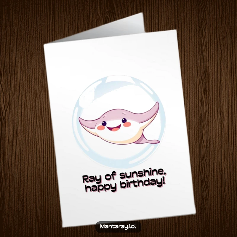 Funny Free Printable Birthday Card: A grinning manta ray joyfully swims inside a massive, shimmering bubble, perfect for a quirky celebration.