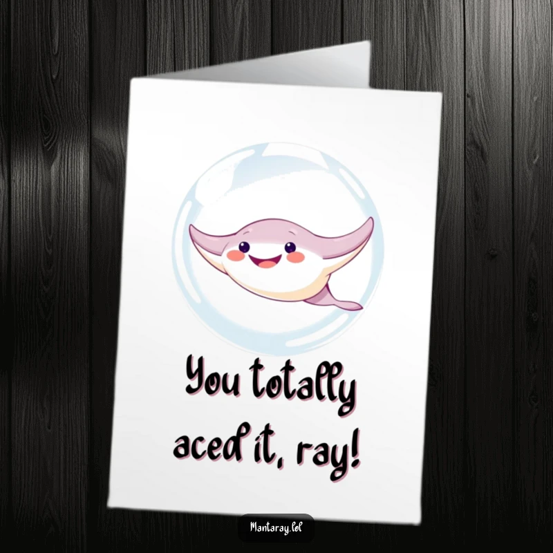 Funny Free Printable Congratulations Card: A beaming manta ray glides through a giant bubble, expressing pure, bubbly excitement for their achievement.
