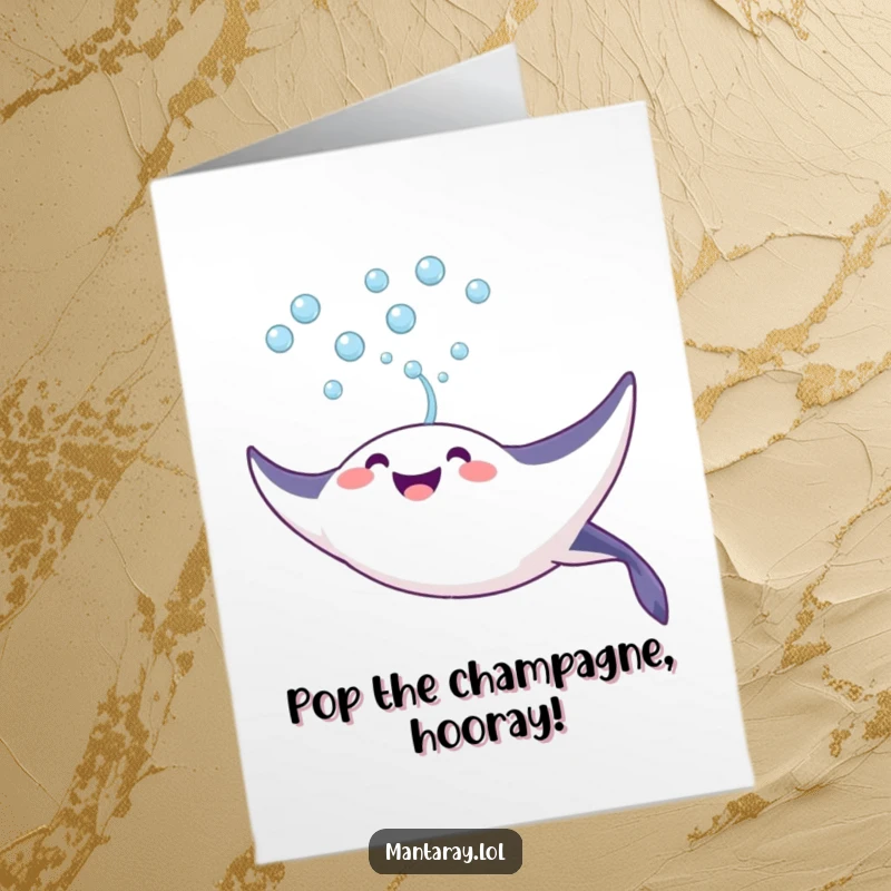Funny free printable Congratulations card: A joyful manta ray blows a stream of bubbles upwards, celebrating success.