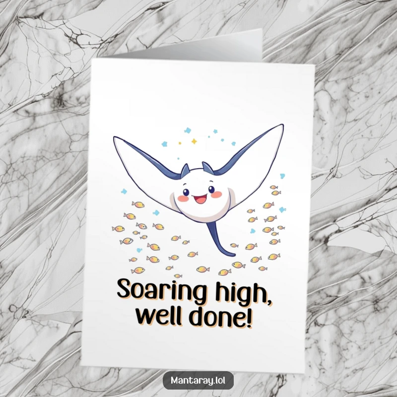 Funny free printable Congratulations card: A triumphant manta ray with outstretched wings soars victoriously through a school of tiny fish.