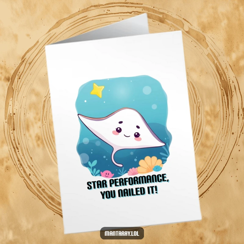 Funny free printable Congratulations card: A curious manta ray looks up at a bright, twinkling star in the ocean depths.