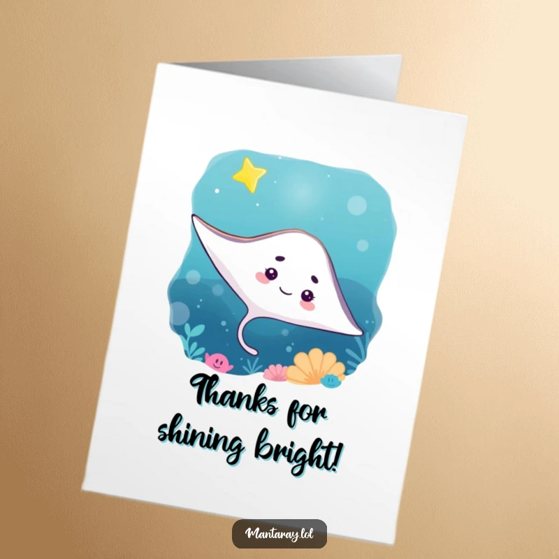 Funny free printable Thank You card: A curious manta ray gazes upwards at a bright, twinkling star in the deep ocean.