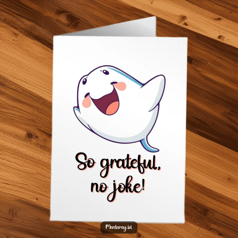 Funny free printable Thank You card: A playful manta ray laughs with its mouth wide open while doing a barrel roll.