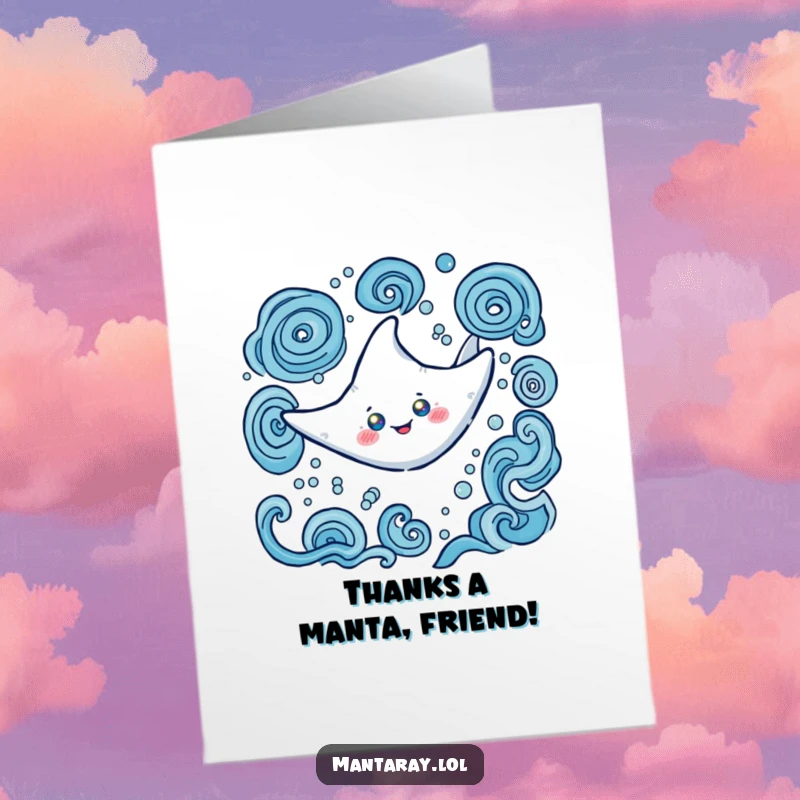 Funny free printable Thank You card: A happy manta ray with glowing eyes swims elegantly in swirling water.