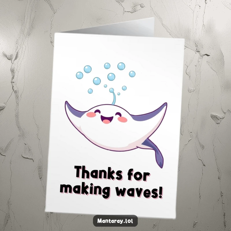 Funny free printable Thank You card: A joyful manta ray blows a steady stream of bubbles towards the surface.
