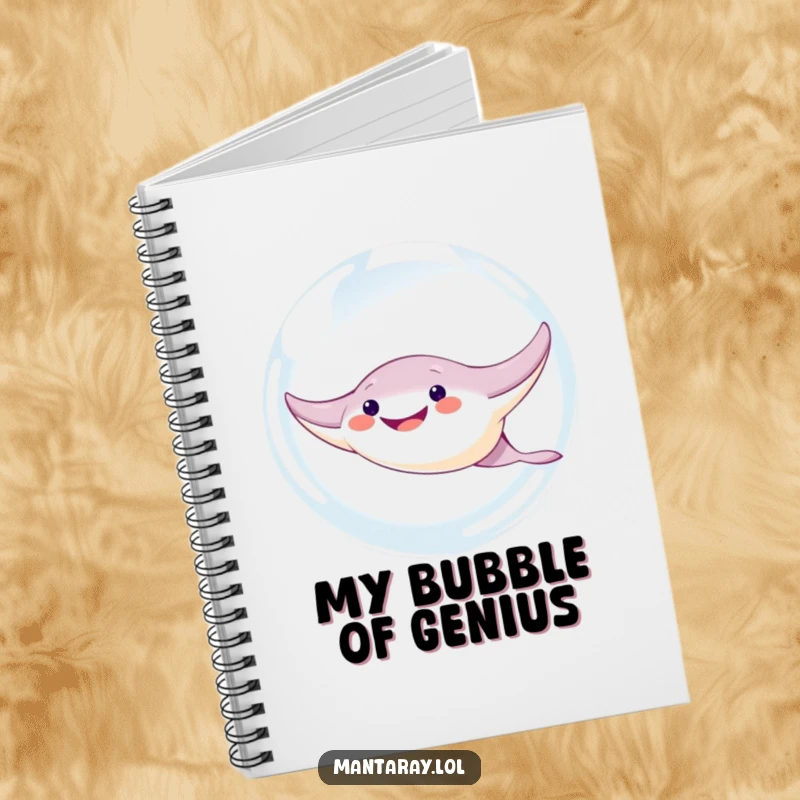 Funny Manta Ray Notebook: A cute, grinning manta ray character humorously swims through a giant bubble on the cover, ready for notes.