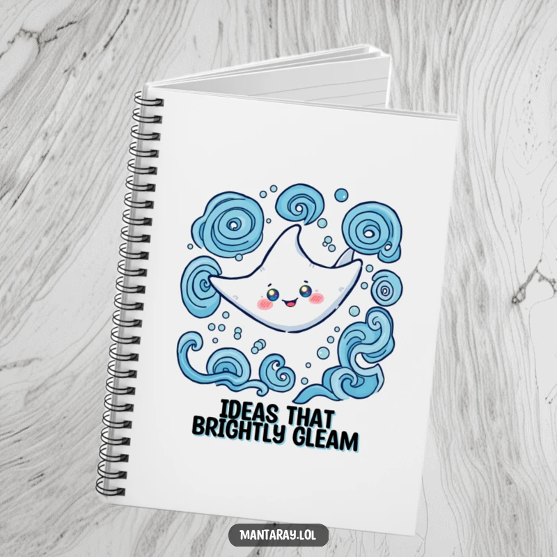 Funny Notebook with a happy manta ray possessing glowing eyes, swimming elegantly in swirling water patterns, ideal for capturing creative thoughts.