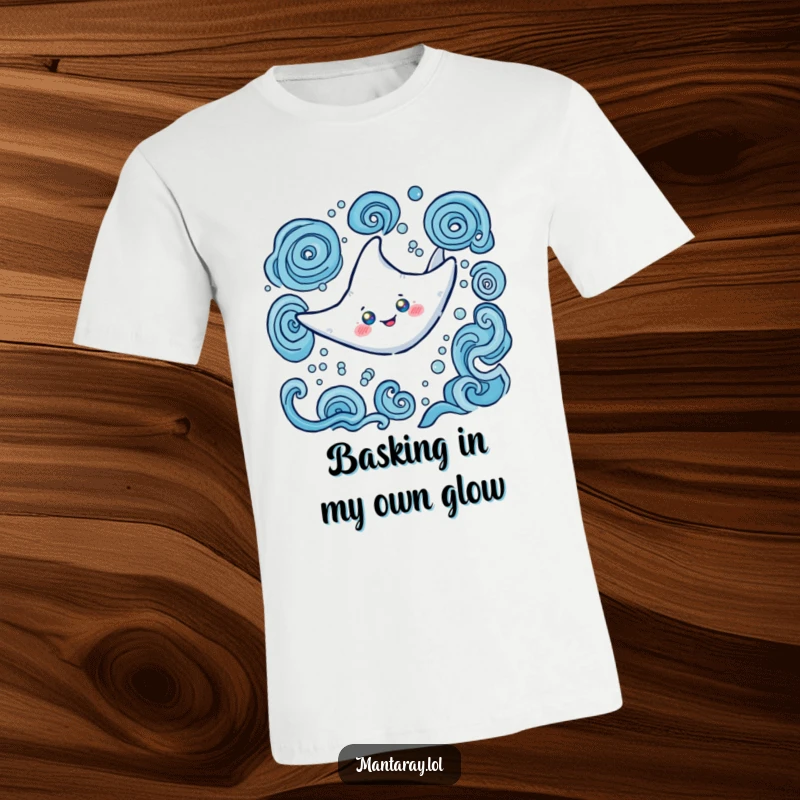 Funny T-Shirt showcasing a happy manta ray with luminous glowing eyes, gracefully navigating intricate swirling water patterns, an ocean wonder.