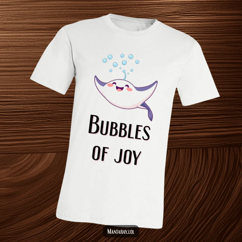 Funny T-Shirt of a joyful manta ray blowing a cascade of bubbles upwards, symbolizing lightheartedness and oceanic delight.