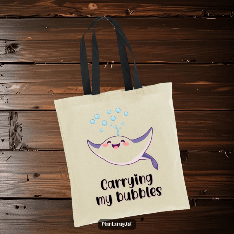 Funny Tote Bag featuring a joyful manta ray blowing a stream of bubbles upwards, a playful and practical accessory for happy outings.