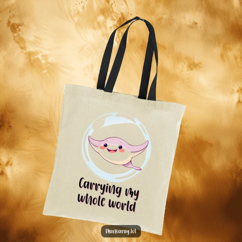 Funny Manta Ray Tote Bag: A cute manta ray with a big grin swims through a giant bubble, showcasing humorous ocean vibes.