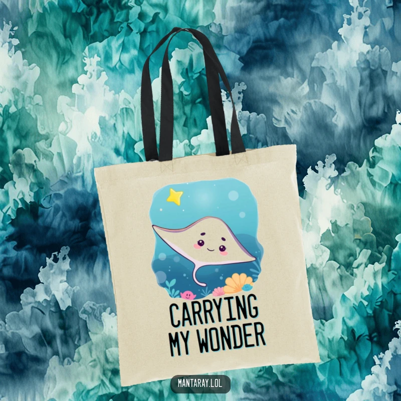 Funny Tote Bag featuring a curious manta ray looking up at a bright, twinkling star in the ocean depths, a stylish carry-all.