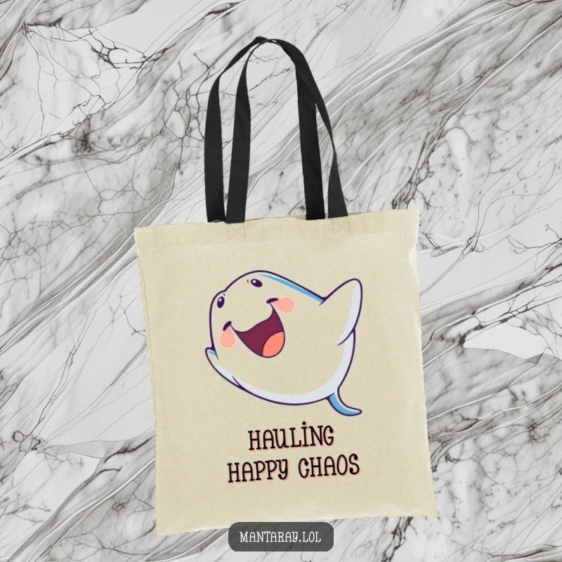 Funny Tote Bag featuring a playful manta ray laughing with its mouth wide open during a dynamic barrel roll, a humorous accessory.